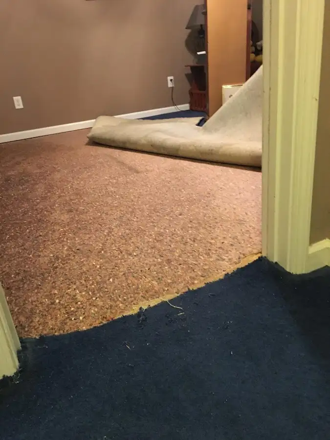 Carpet pad removal revealing water damage during Water Mitigation Services in Lake Mills